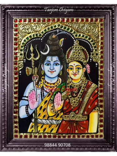 Shiva Parvathi Tanjore Painting with traditional gold foil and handcrafted detailing.